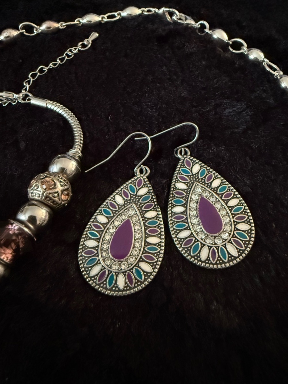 Vintage Purple Silver Tone Jewelry Set Teardrop Earrings Necklace Charm Bracelet - Picture 5 of 6